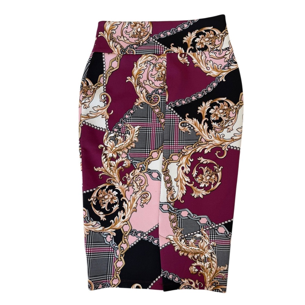 Thalia Sodi Womens Baroque Chain Print Pencil Skirt Burgundy Pink XS - Picture 3 of 7